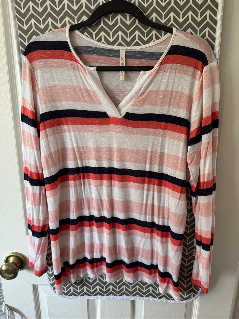 Leo & Nicole Pink Navy White Striped V-Neck Long Sleeve Top